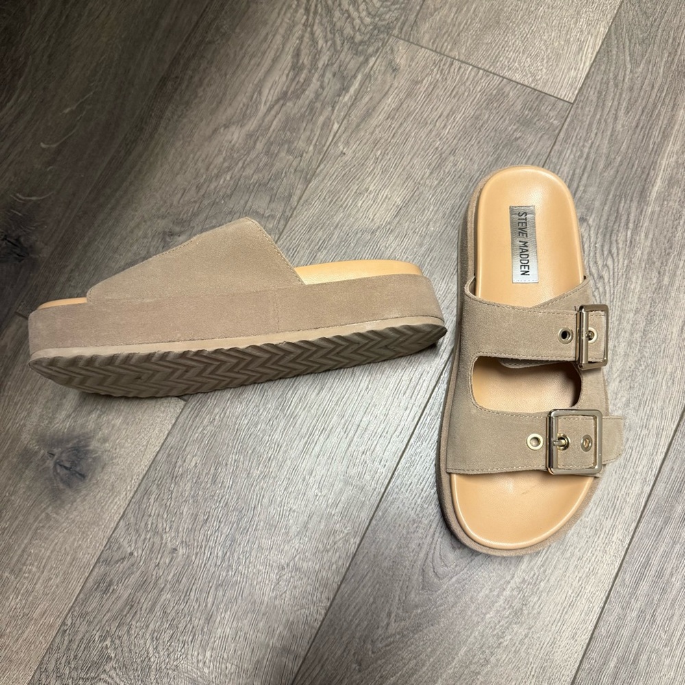 Steve Madden Katie Taupe Tan Suede Leather Sandals Mules 7
